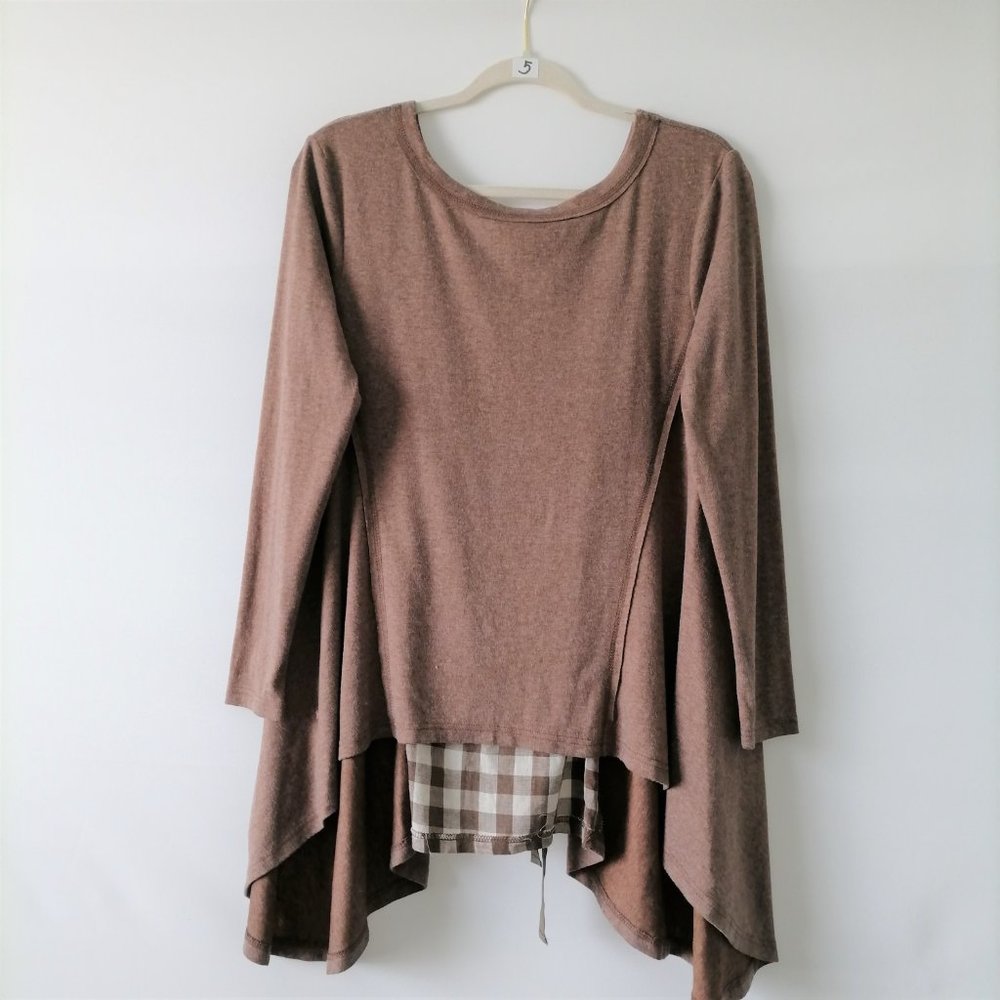 A' REVE Womens Brown Long Sleeve Round Neck Tie In Back Stretch Tunic Top Size S